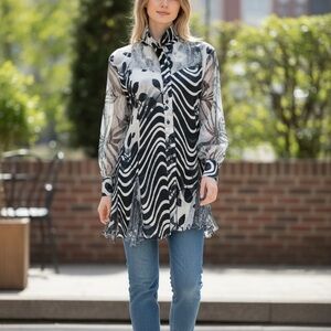 Komarov Black & White Sheer Printed Blouse Abstract Print Button Front Size M